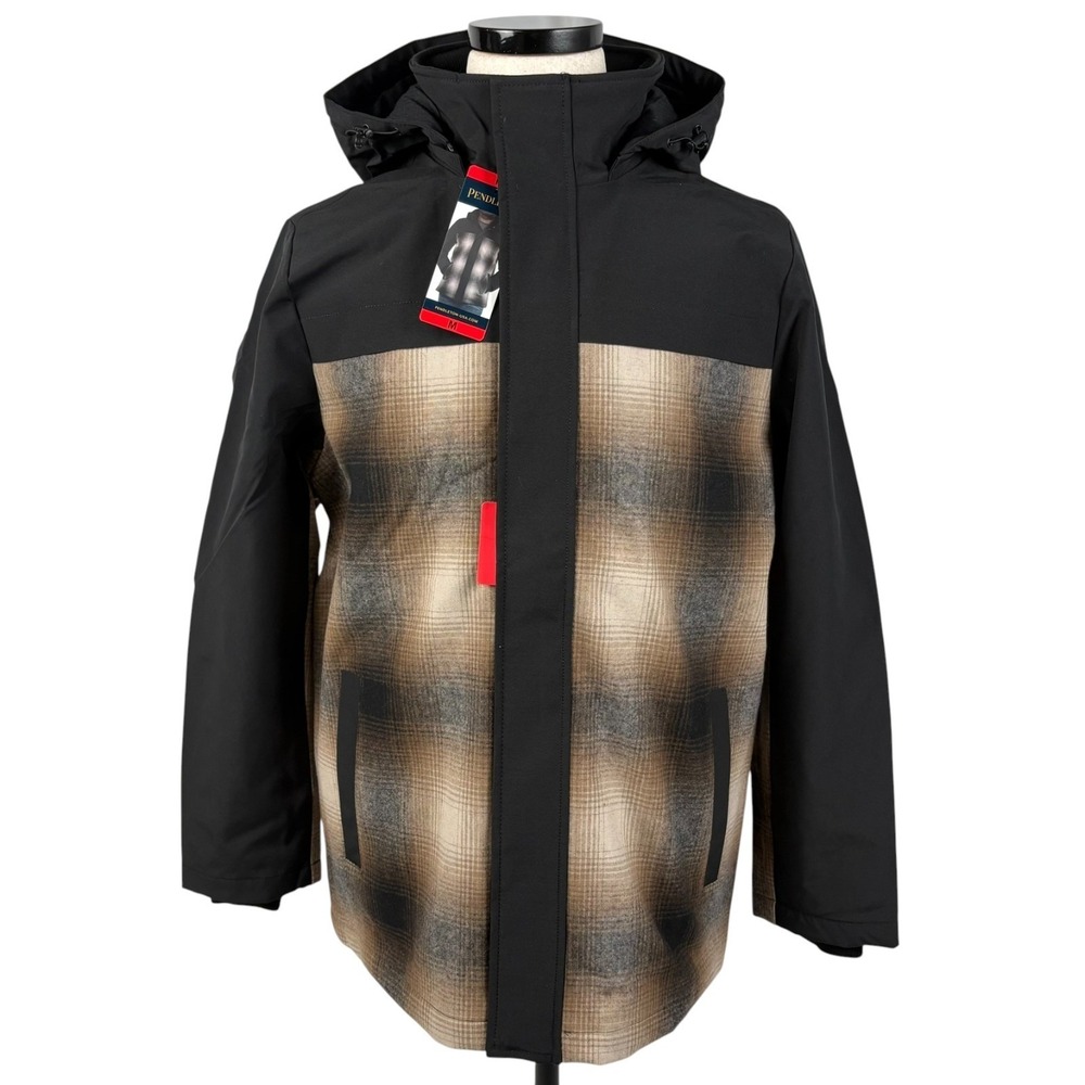 Pendleton Hooded Wool Blend Jacket Mens M Brown Black Plaid Removeable Hood NWT
